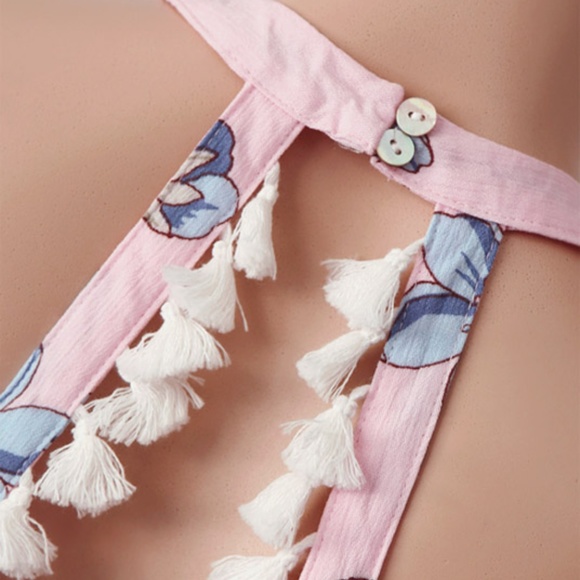 Last☝️ Pink Blue Tassel Open Back Halter Romper - Picture 2 of 8